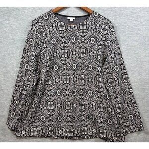 J Jill Black White Floral Pattern Long Sleeve Top Sweater L‎ 100% Cotton